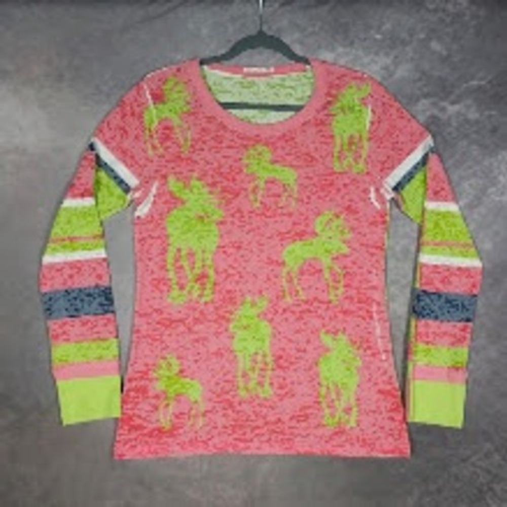 Whimsy Rose Top Large Pink Green Moose Burnout Thermal Long Sleeve Boho Eclectic